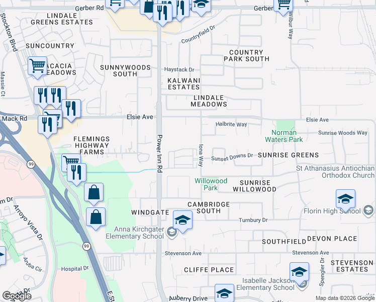 map of restaurants, bars, coffee shops, grocery stores, and more near 8134 Weeping Willow Lane in Sacramento