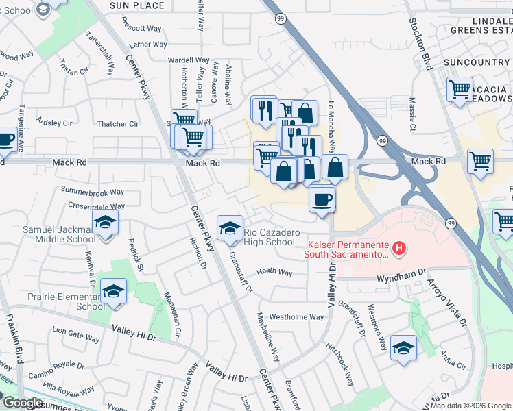 map of restaurants, bars, coffee shops, grocery stores, and more near 5973 Bamford Drive in Sacramento