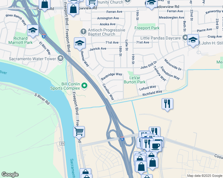 map of restaurants, bars, coffee shops, grocery stores, and more near 12 Northwich Court in Sacramento