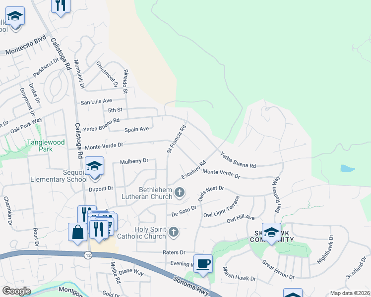 map of restaurants, bars, coffee shops, grocery stores, and more near 5642 Del Monte Court in Santa Rosa