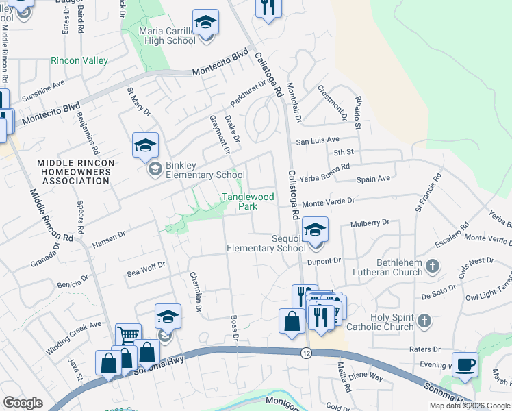 map of restaurants, bars, coffee shops, grocery stores, and more near 438 Oak Lake Avenue in Santa Rosa