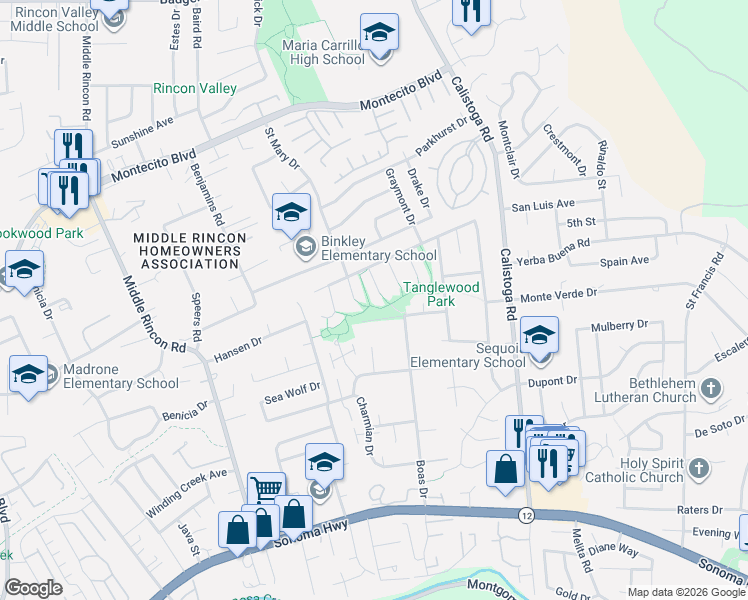 map of restaurants, bars, coffee shops, grocery stores, and more near 401 Korbel Place in Santa Rosa