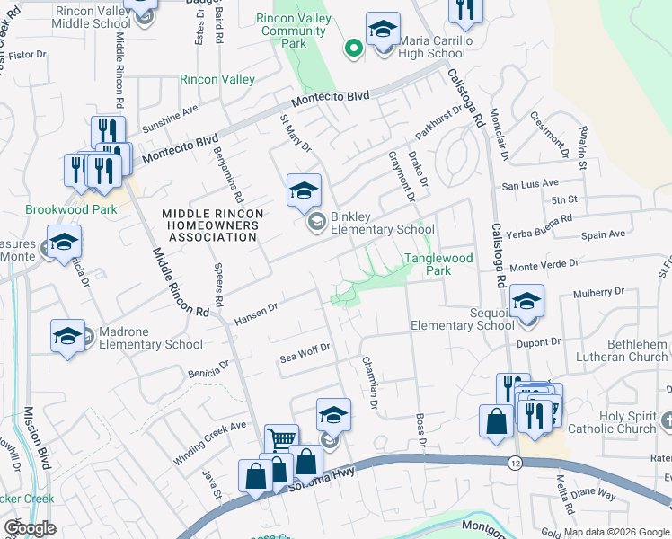 map of restaurants, bars, coffee shops, grocery stores, and more near 4918 Oak Park Way in Santa Rosa