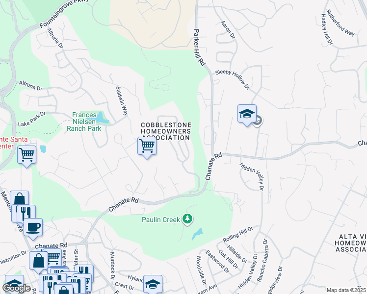 map of restaurants, bars, coffee shops, grocery stores, and more near 3211 Cobblestone Drive in Santa Rosa