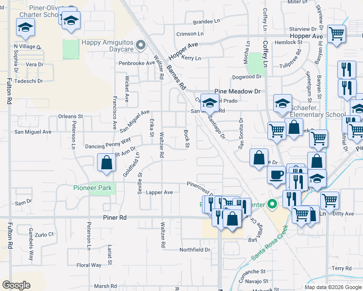 map of restaurants, bars, coffee shops, grocery stores, and more near 2128 Bock Street in Santa Rosa
