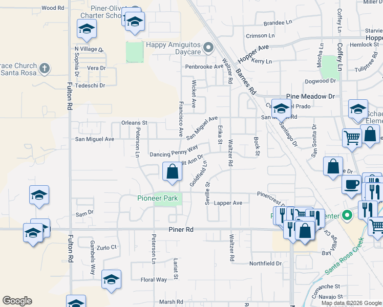 map of restaurants, bars, coffee shops, grocery stores, and more near 2254 Dancing Penny Way in Santa Rosa