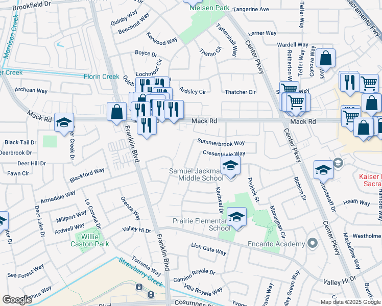 map of restaurants, bars, coffee shops, grocery stores, and more near 5040 Summerbrook Way in Sacramento