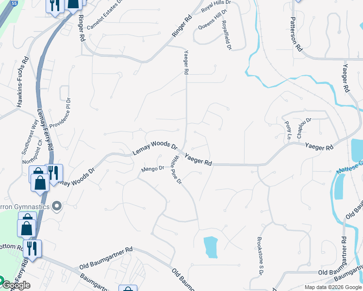 map of restaurants, bars, coffee shops, grocery stores, and more near 3910 Yaeger Road in Saint Louis