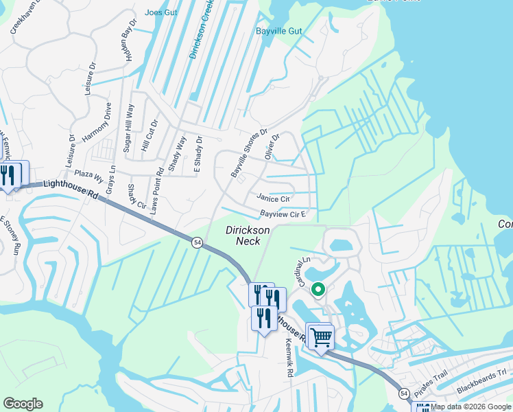 map of restaurants, bars, coffee shops, grocery stores, and more near 37882 Bayview Circle East in Selbyville