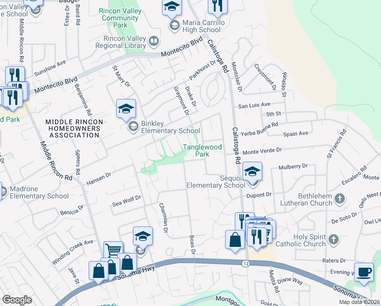 map of restaurants, bars, coffee shops, grocery stores, and more near 5111 Tunisia Avenue in Santa Rosa