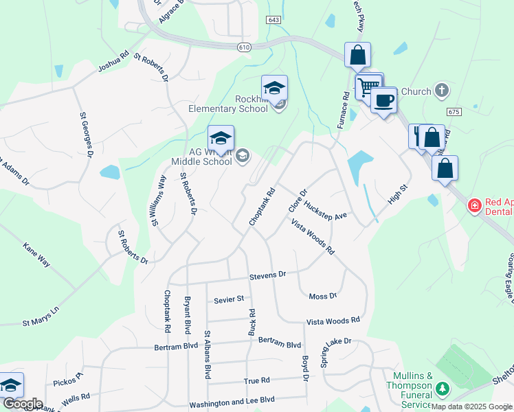 map of restaurants, bars, coffee shops, grocery stores, and more near 165 Choptank Road in Stafford