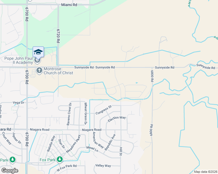 map of restaurants, bars, coffee shops, grocery stores, and more near 1501 American Way in Montrose