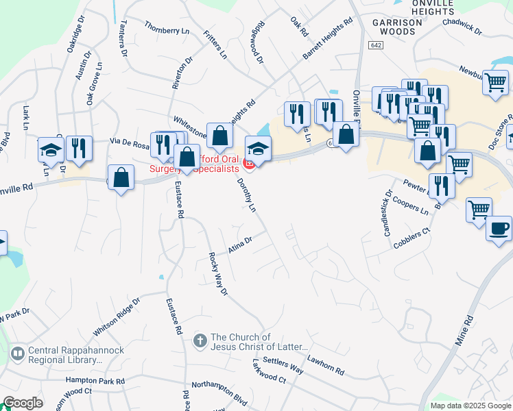 map of restaurants, bars, coffee shops, grocery stores, and more near 40 Dorothy Lane in Stafford
