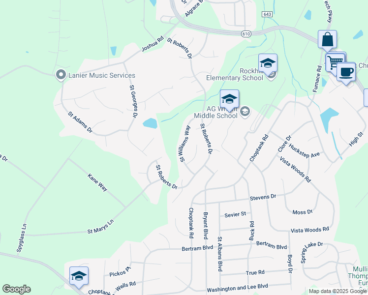 map of restaurants, bars, coffee shops, grocery stores, and more near 31 Saint Williams Way in Stafford