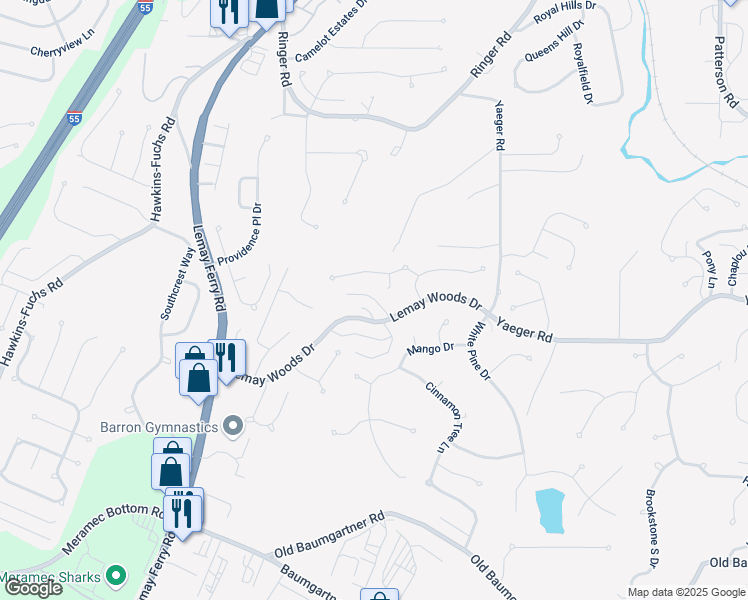 map of restaurants, bars, coffee shops, grocery stores, and more near 5633 Hunters Valley Court in Saint Louis