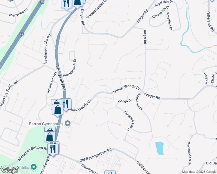 map of restaurants, bars, coffee shops, grocery stores, and more near 5633 Hunters Valley Court in St. Louis