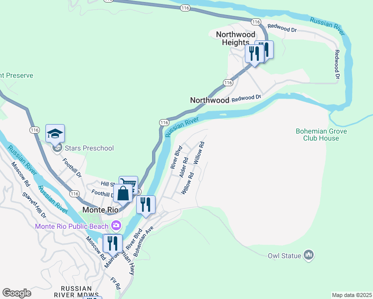 map of restaurants, bars, coffee shops, grocery stores, and more near 20220 Alder Road in Monte Rio