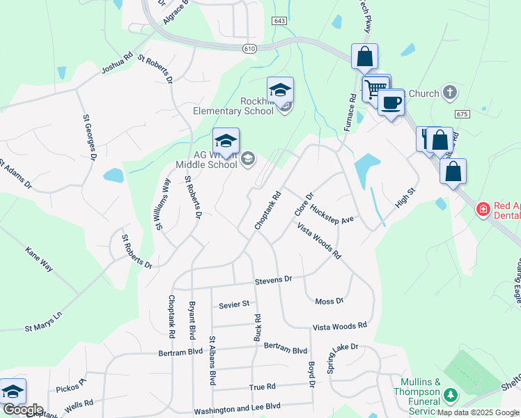 map of restaurants, bars, coffee shops, grocery stores, and more near 165 Choptank Road in Stafford