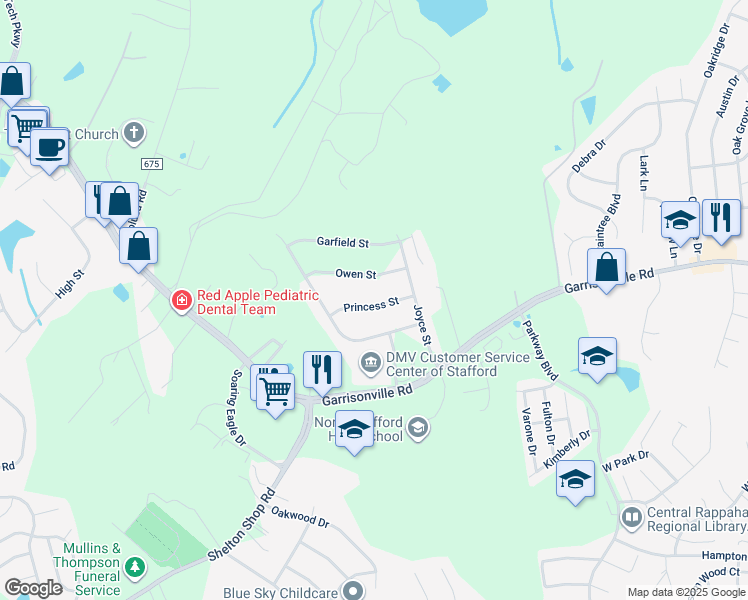 map of restaurants, bars, coffee shops, grocery stores, and more near 12 Princess Street in Stafford