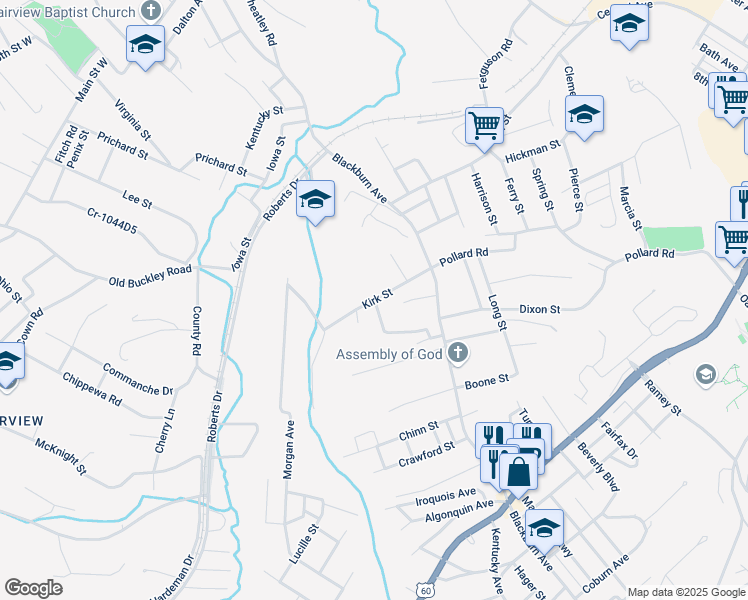 map of restaurants, bars, coffee shops, grocery stores, and more near 2700 Kirk Street in Ashland