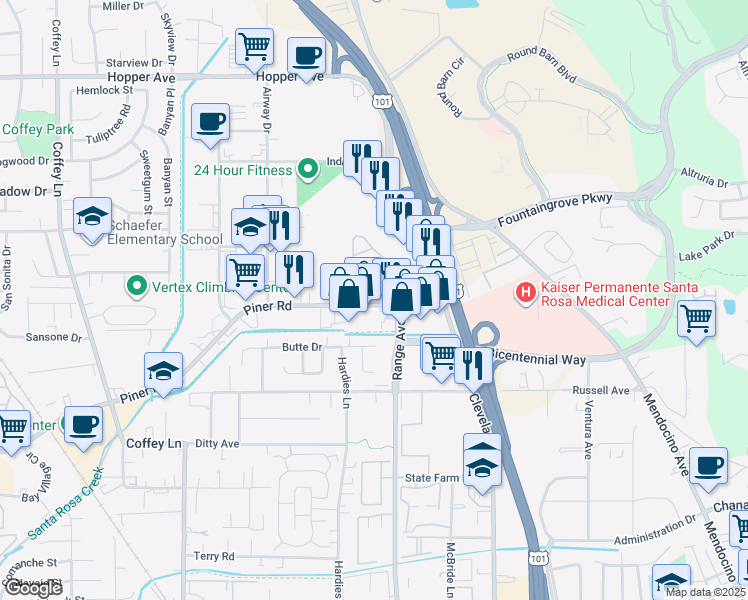 map of restaurants, bars, coffee shops, grocery stores, and more near 810 Piner Road in Santa Rosa