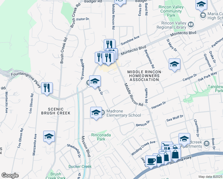 map of restaurants, bars, coffee shops, grocery stores, and more near 684 Benicia Drive in Santa Rosa
