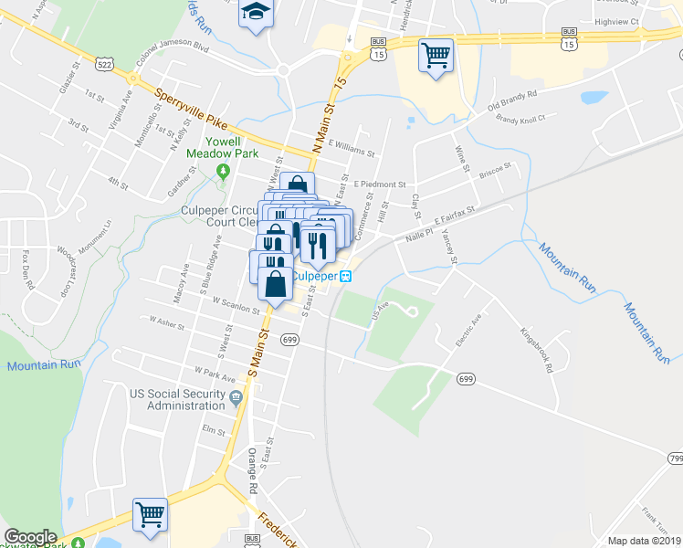 map of restaurants, bars, coffee shops, grocery stores, and more near 413 East Culpeper Street in Culpeper