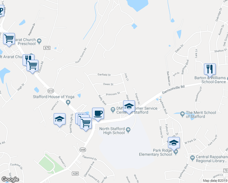 map of restaurants, bars, coffee shops, grocery stores, and more near 12 Princess St in Stafford