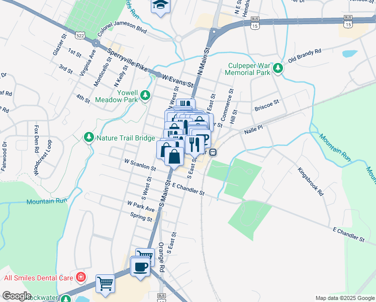 map of restaurants, bars, coffee shops, grocery stores, and more near 117 East Culpeper Street in Culpeper