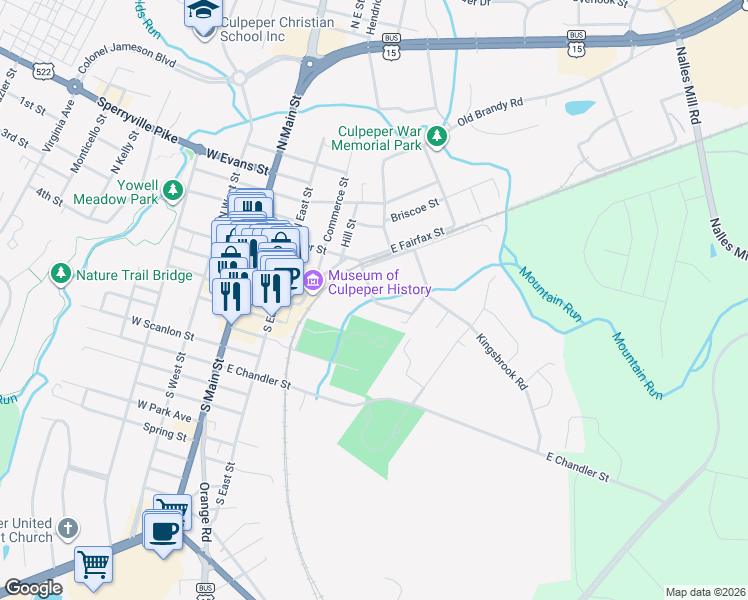 map of restaurants, bars, coffee shops, grocery stores, and more near 637 E Spencer St in Culpeper