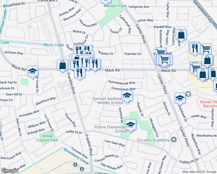 map of restaurants, bars, coffee shops, grocery stores, and more near 5040 Summerbrook Way in Sacramento