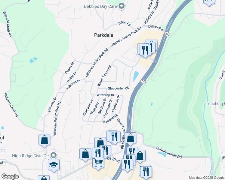 map of restaurants, bars, coffee shops, grocery stores, and more near 5340 Gloucester Road in High Ridge