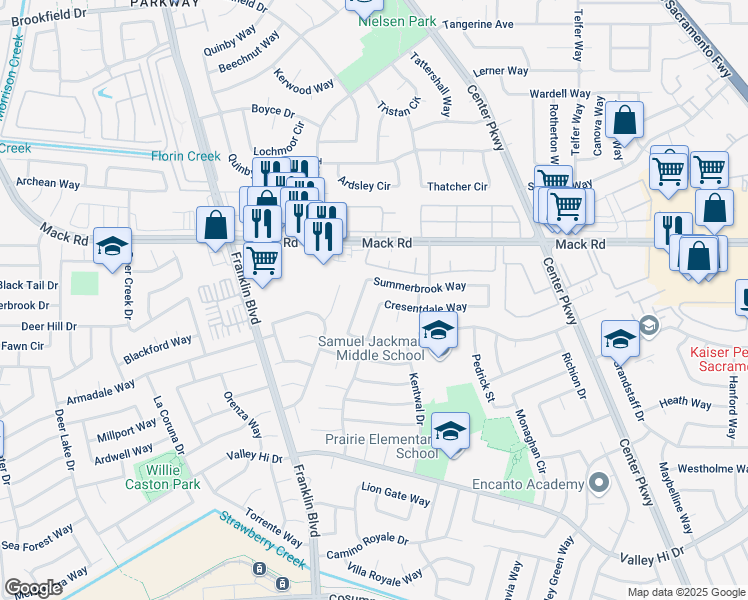 map of restaurants, bars, coffee shops, grocery stores, and more near 5040 Summerbrook Way in Sacramento