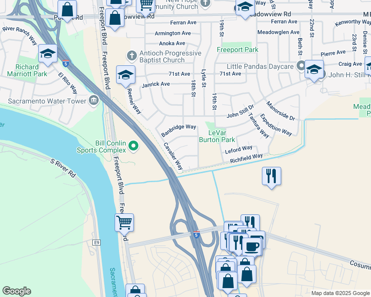map of restaurants, bars, coffee shops, grocery stores, and more near 12 Northwich Court in Sacramento