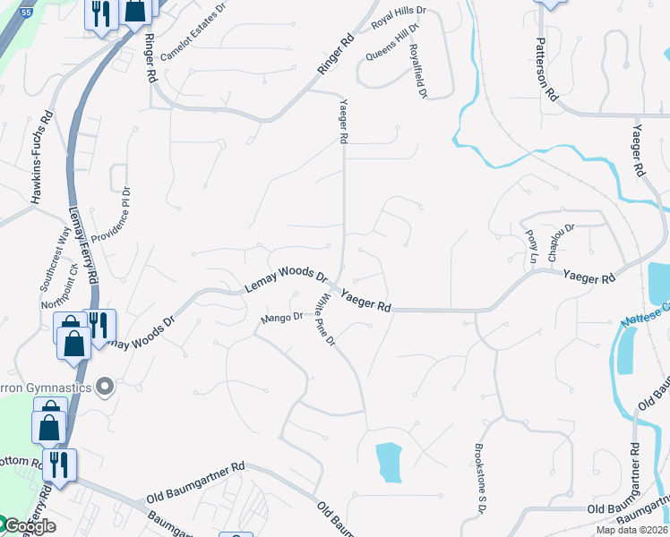 map of restaurants, bars, coffee shops, grocery stores, and more near 3910 Yaeger Road in St. Louis