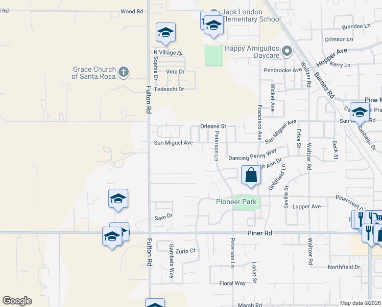 map of restaurants, bars, coffee shops, grocery stores, and more near 2400 San Miguel Avenue in Santa Rosa
