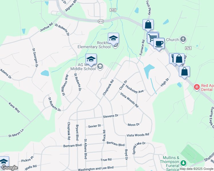 map of restaurants, bars, coffee shops, grocery stores, and more near 163 Choptank Road in Stafford