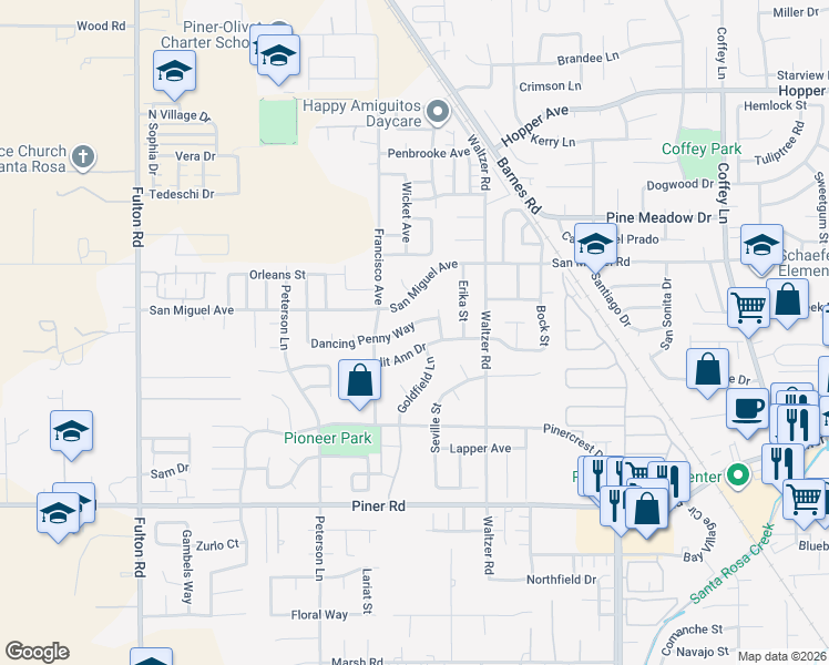 map of restaurants, bars, coffee shops, grocery stores, and more near 2244 Dancing Penny Way in Santa Rosa