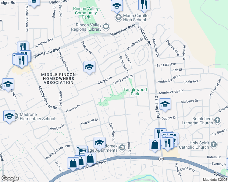 map of restaurants, bars, coffee shops, grocery stores, and more near 417 Korbel Place in Santa Rosa