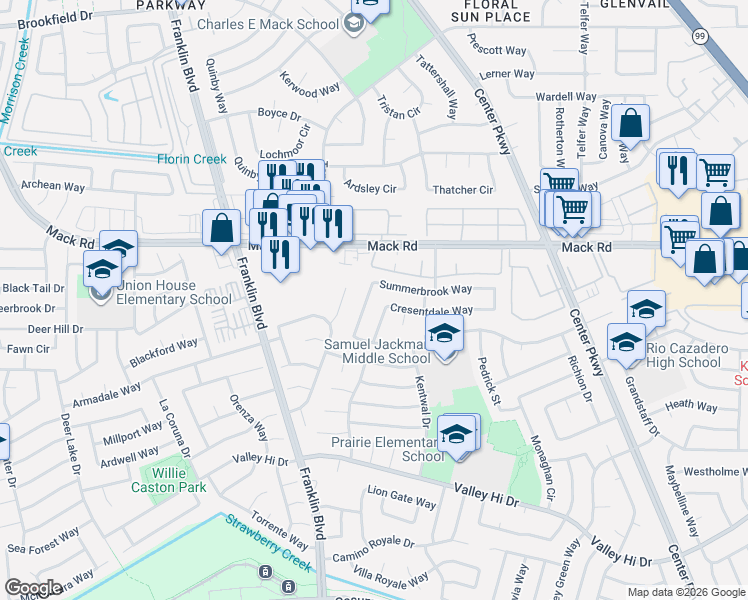 map of restaurants, bars, coffee shops, grocery stores, and more near 5060 Summerbrook Way in Sacramento