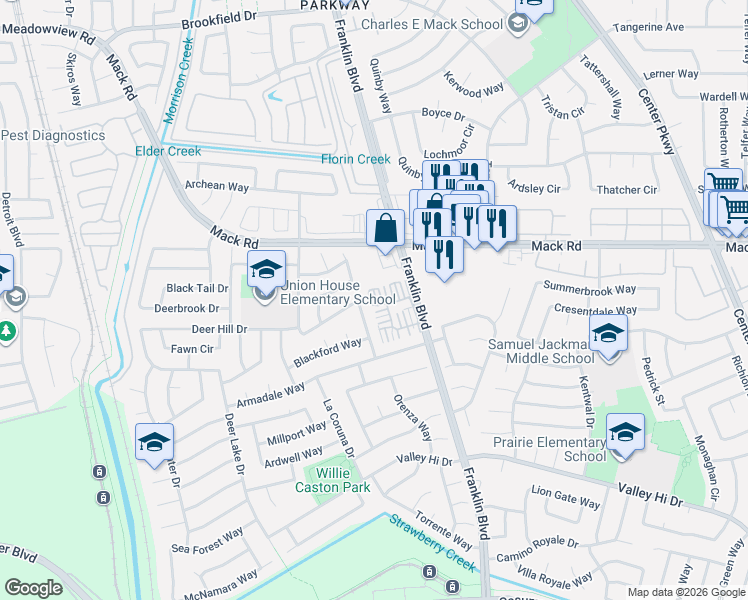 map of restaurants, bars, coffee shops, grocery stores, and more near 7958 Deer Creek Drive in Sacramento