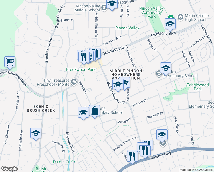 map of restaurants, bars, coffee shops, grocery stores, and more near 4733 Rinconada Drive in Santa Rosa