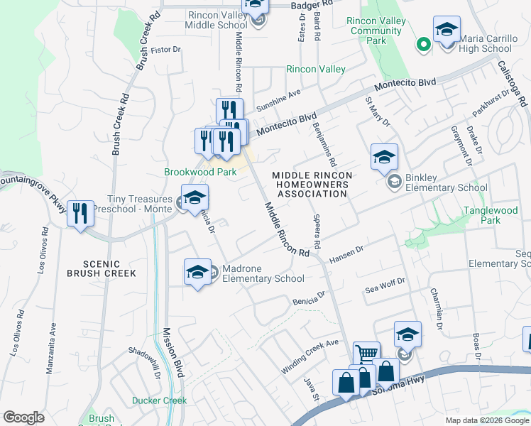 map of restaurants, bars, coffee shops, grocery stores, and more near 4733 Rinconada Drive in Santa Rosa