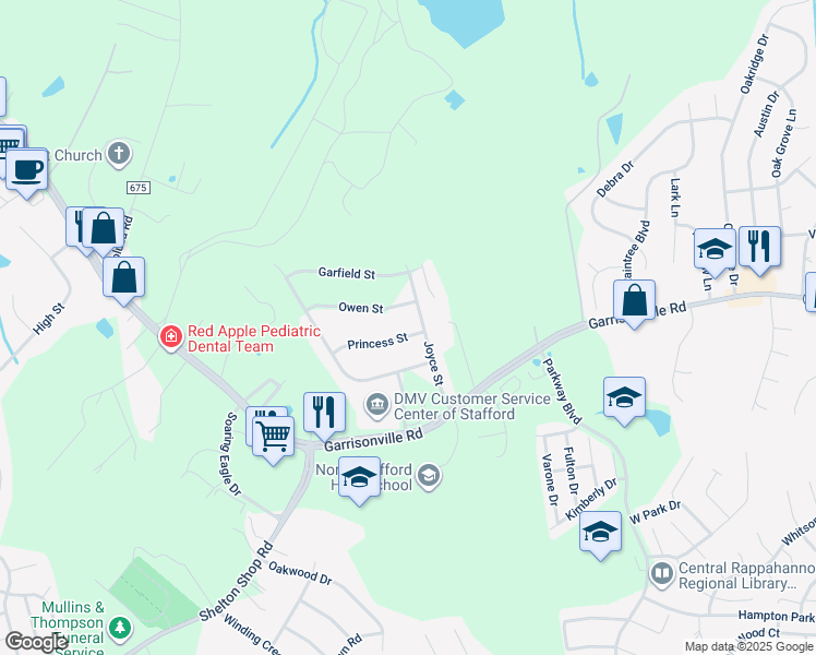 map of restaurants, bars, coffee shops, grocery stores, and more near 4 Princess Street in Stafford