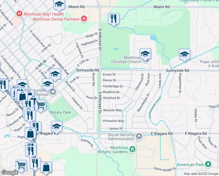 map of restaurants, bars, coffee shops, grocery stores, and more near 2012-2020 Bradford Drive in Montrose