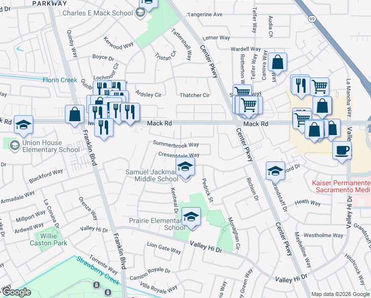 map of restaurants, bars, coffee shops, grocery stores, and more near 7902 Cresentdale Way in Sacramento