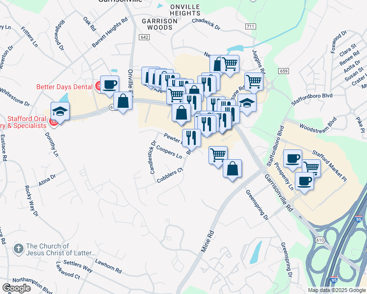 map of restaurants, bars, coffee shops, grocery stores, and more near 102 Pewter Lane in Stafford