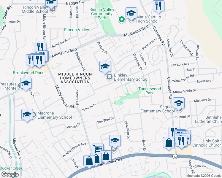 map of restaurants, bars, coffee shops, grocery stores, and more near 4918 Oak Park Way in Santa Rosa