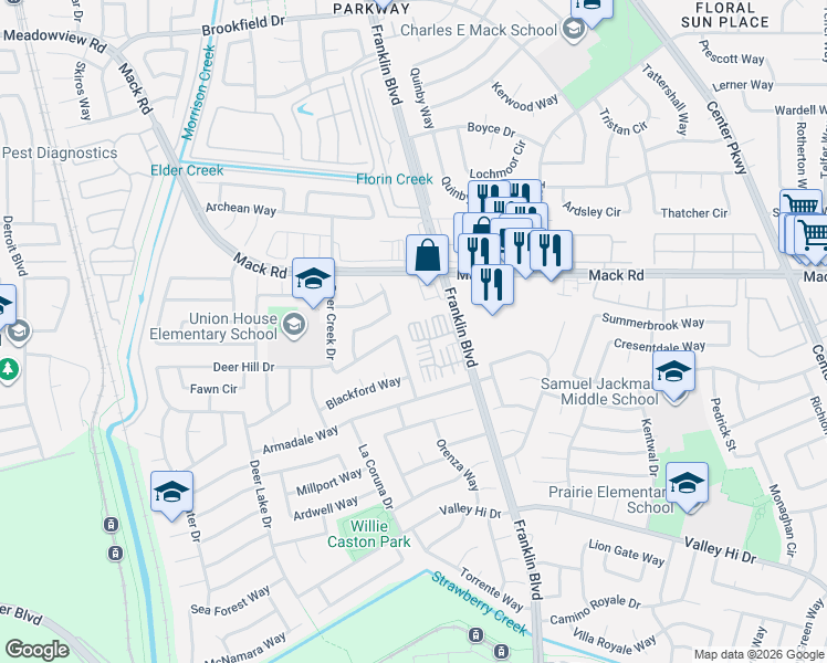 map of restaurants, bars, coffee shops, grocery stores, and more near 7958 Deer Creek Drive in Sacramento