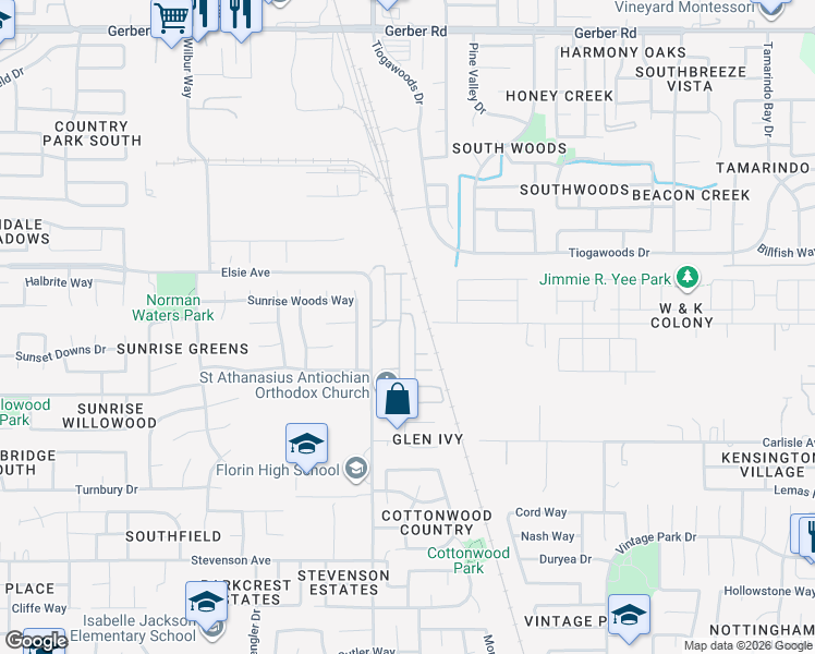 map of restaurants, bars, coffee shops, grocery stores, and more near 7855 Cottonwood Lane in Sacramento